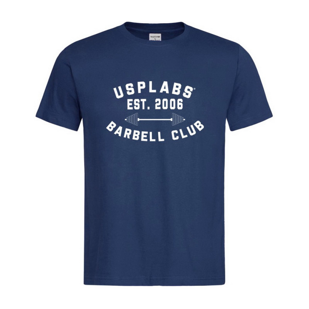 Barbell Club Fitted T-Shirt (L size, blue/white)